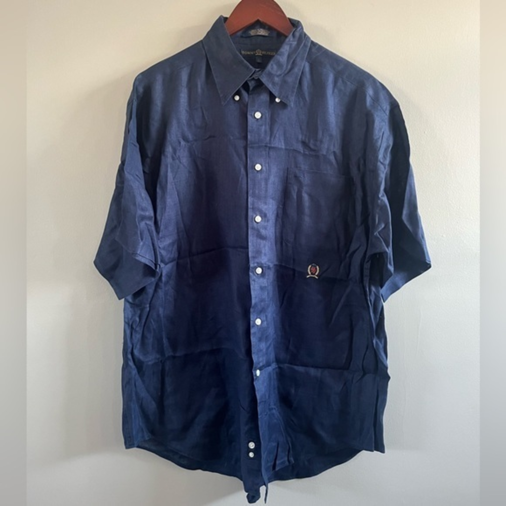 Vintage Tommy Hilfiger Button Down Shirt | Short Sleeve | 100% Linen Navy Blue